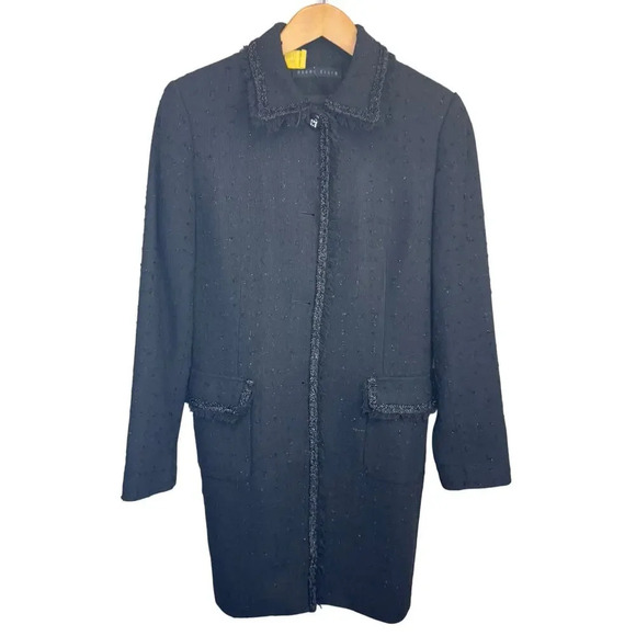 PERRY ELLIS Wool Blend Long Winter Dress Coat Black Tweed Silver Fleck Women's 8 - Picture 1 of 11